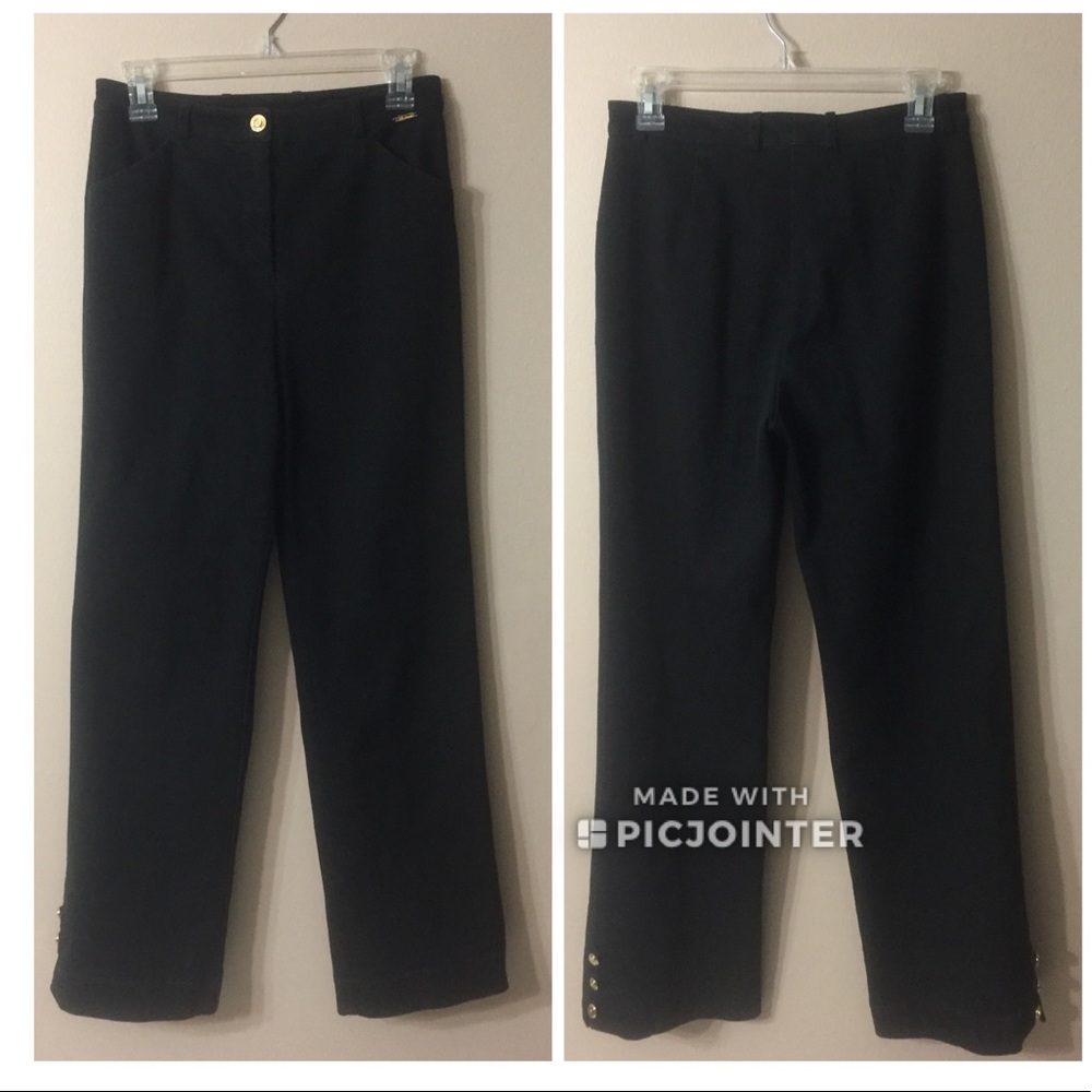 ST. JOHN SPORT Black Flat Front Twill Pants Side Button Detail